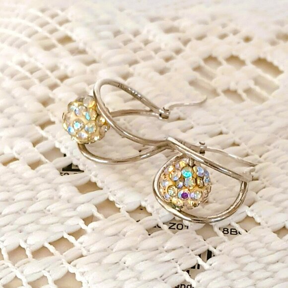 925 Floating Crystal Double Hoop Earrings Sterling Silver Drop Post Earrings - Picture 10 of 14